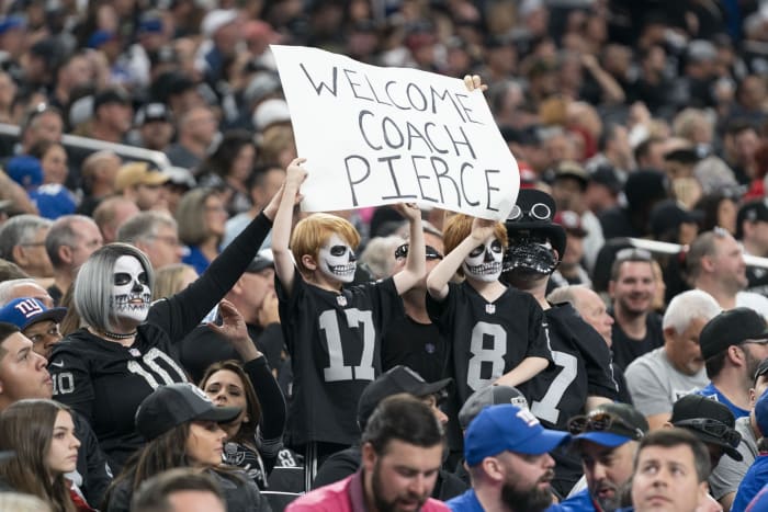  Las Vegas Raiders head coach Antonio Pierce gets talked about by two die-hard Silver and Black fans